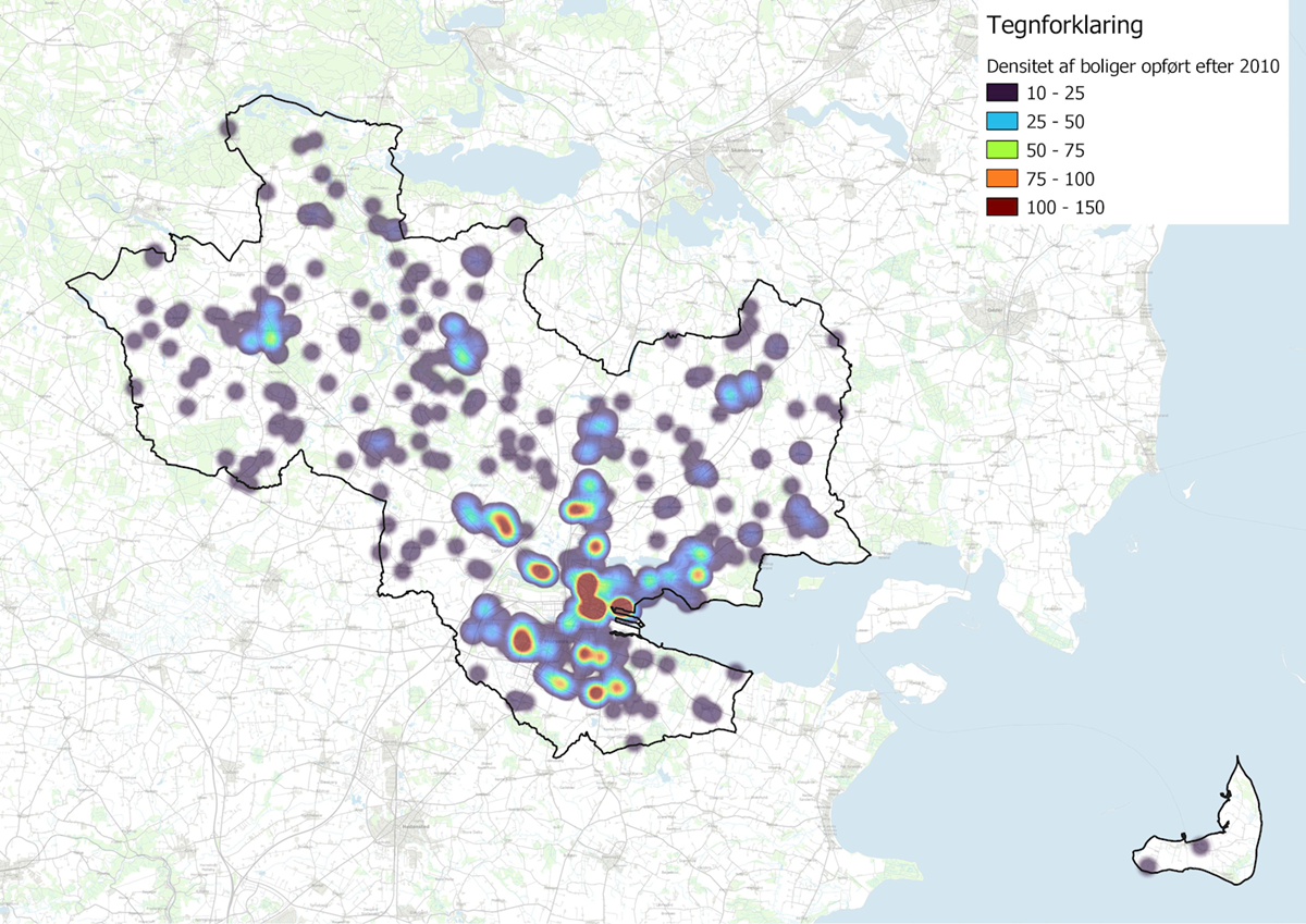 Kort der viser, hvor der er opført den største koncentration af boliger er opført efter 2010