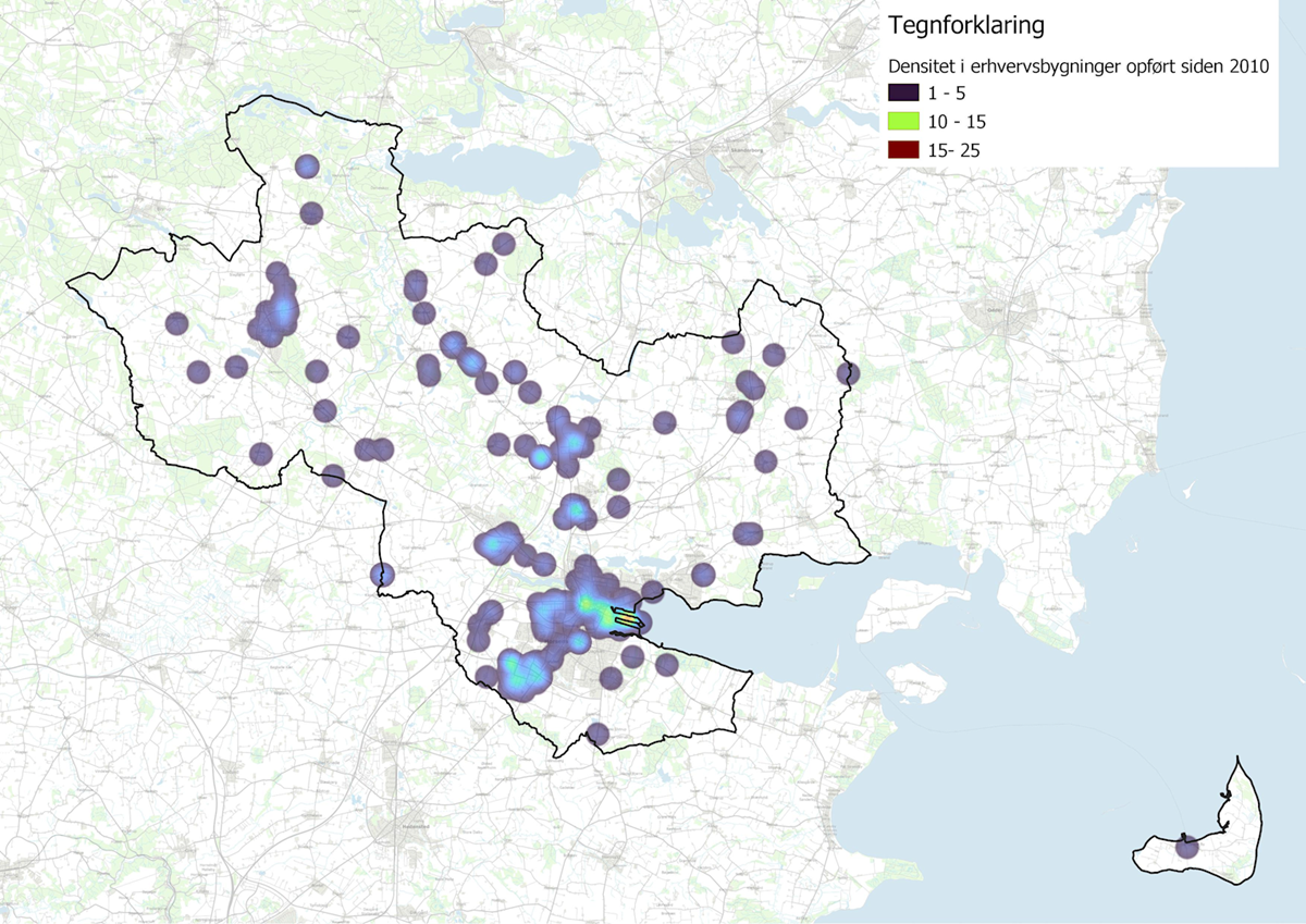 Kort der viser, hvor der er opført den største koncentration af erhverv er opført efter 2010